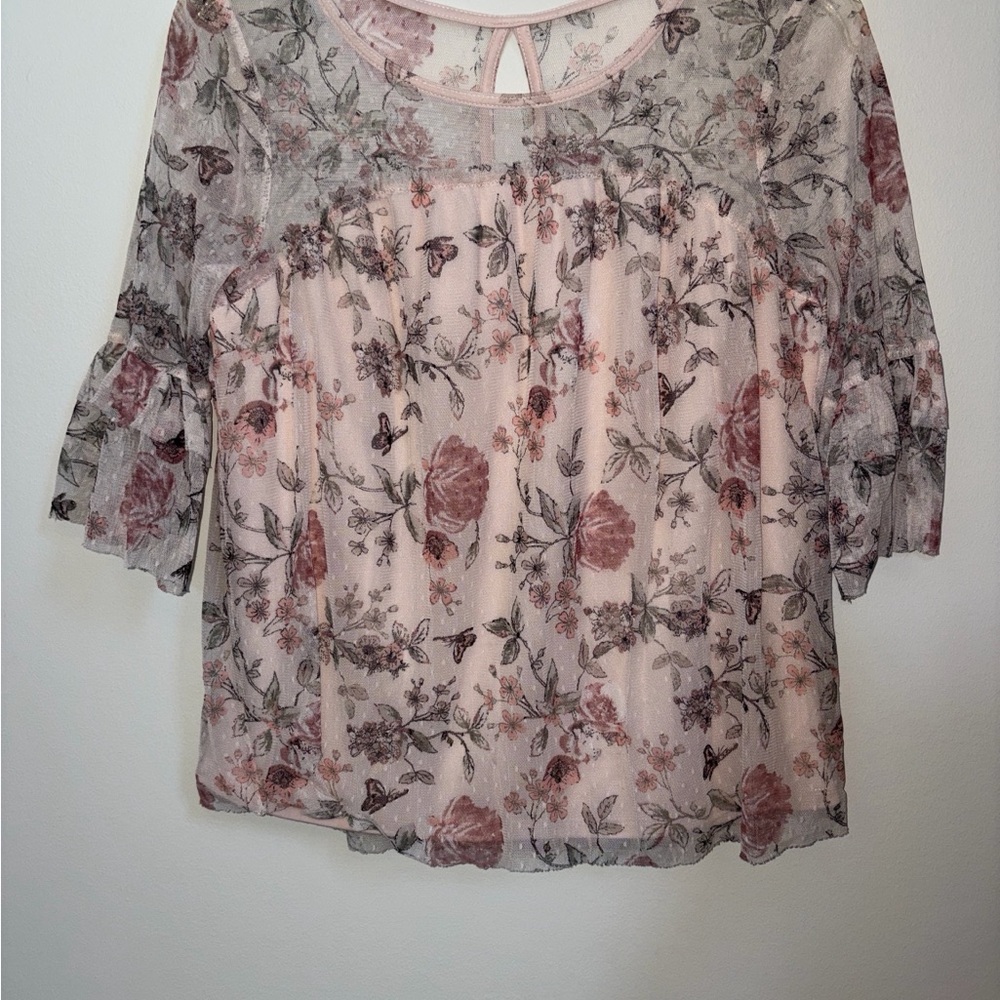 No Boundaries Sheer Floral Blush Pink and Gray Blouse